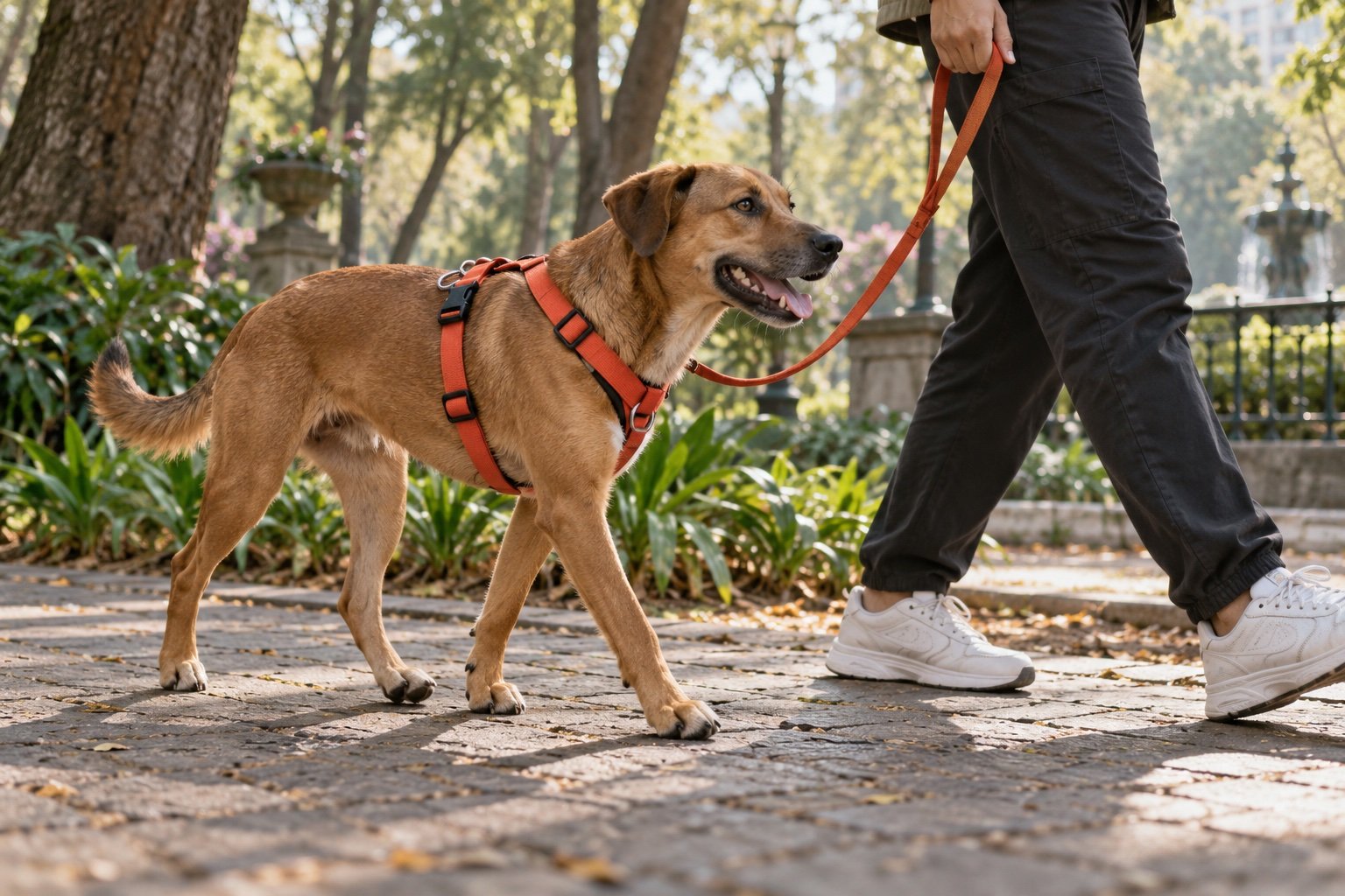 Consigue tu primer encargo Un perro con arnés paseando junto a una persona en un parque.